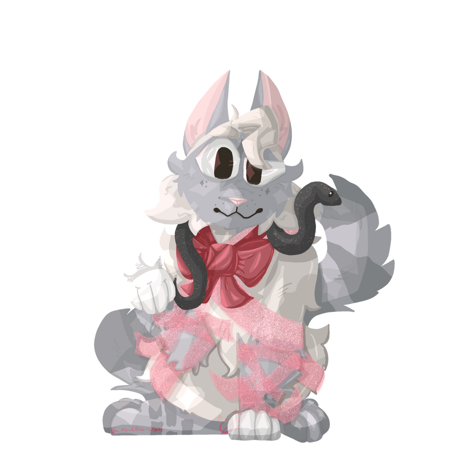 a lineless digital illustration of a cat with grey point markings draped in ribbons and a snake